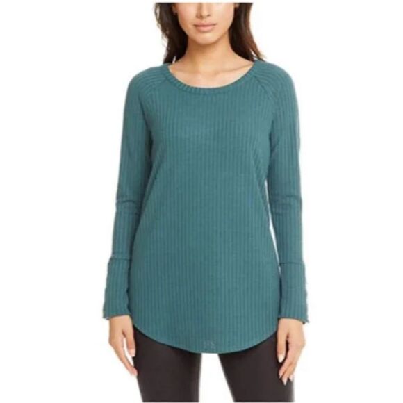Chaser Top Large Womens Blue Green Waffle Knit Thermal Long Sleeves Button Cuffs - Picture 1 of 13